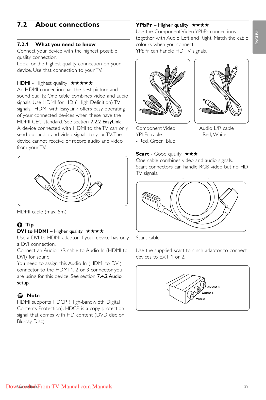 Philips 32PFL7403 7.2About connections, 7.2.1What you need to know, Downloaded From TV-Manual.comManuals, àTip, rNote 