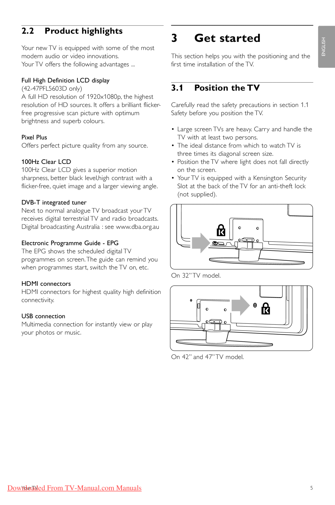Philips 32PFL7403, 42PFL5403 Get started, 2.2Product highlights, 3.1Position the TV, Downloaded From TV-Manual.comManuals 