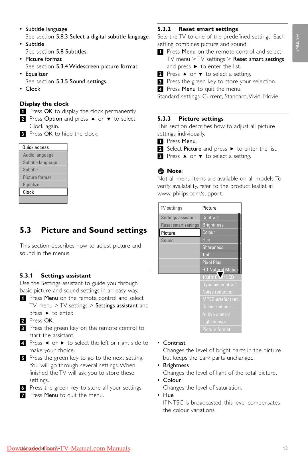 Philips 32PFL7403, 42PFL5403 manual Picture and Sound settings, Display the clock, Settings assistant, Reset smart settings 