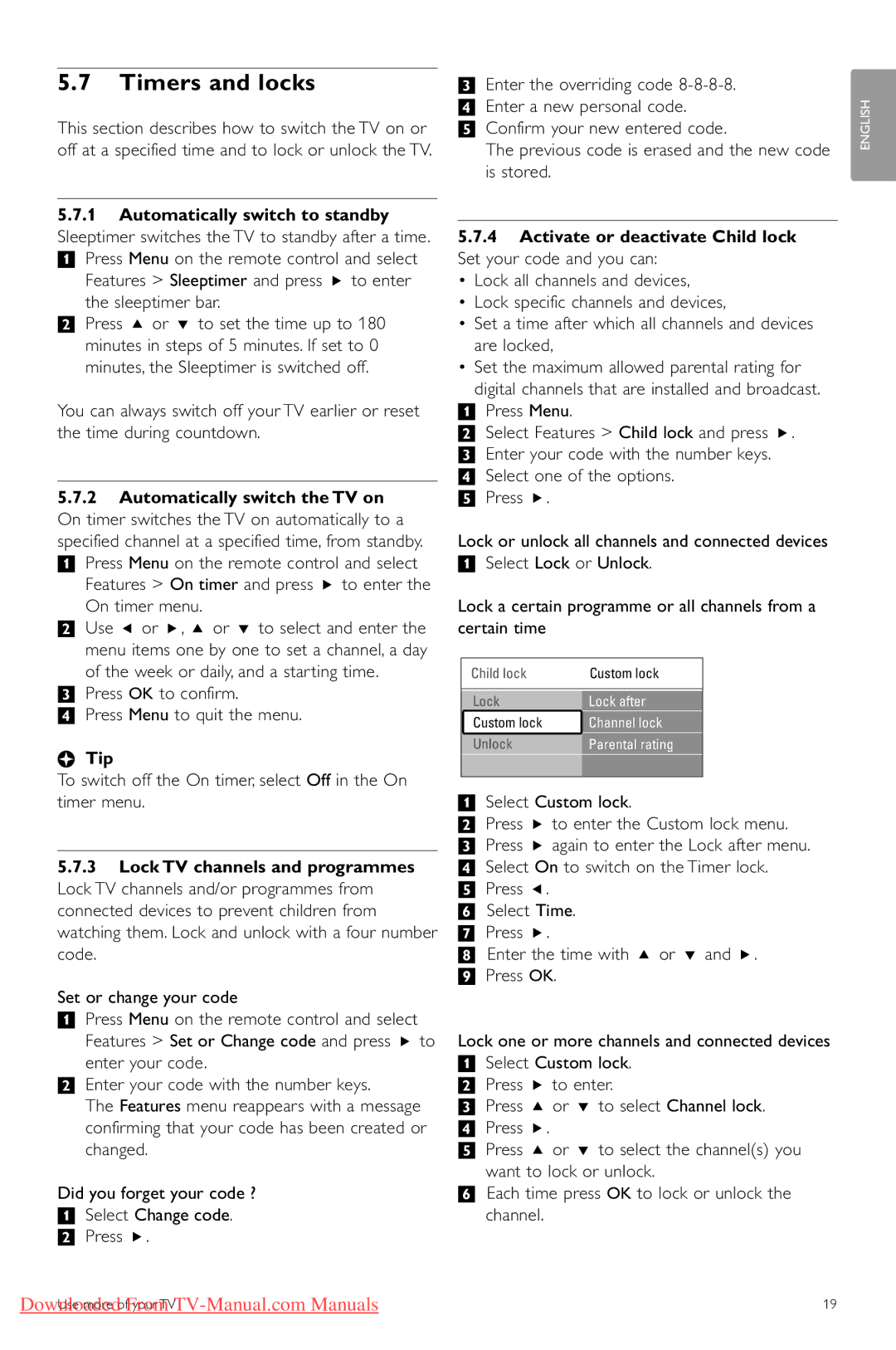 Philips 47PFL5603, 42PFL5403 Timers and locks, ÒPress OK to confirm † Press Menu to quit the menu, ‡ Select Custom lock 