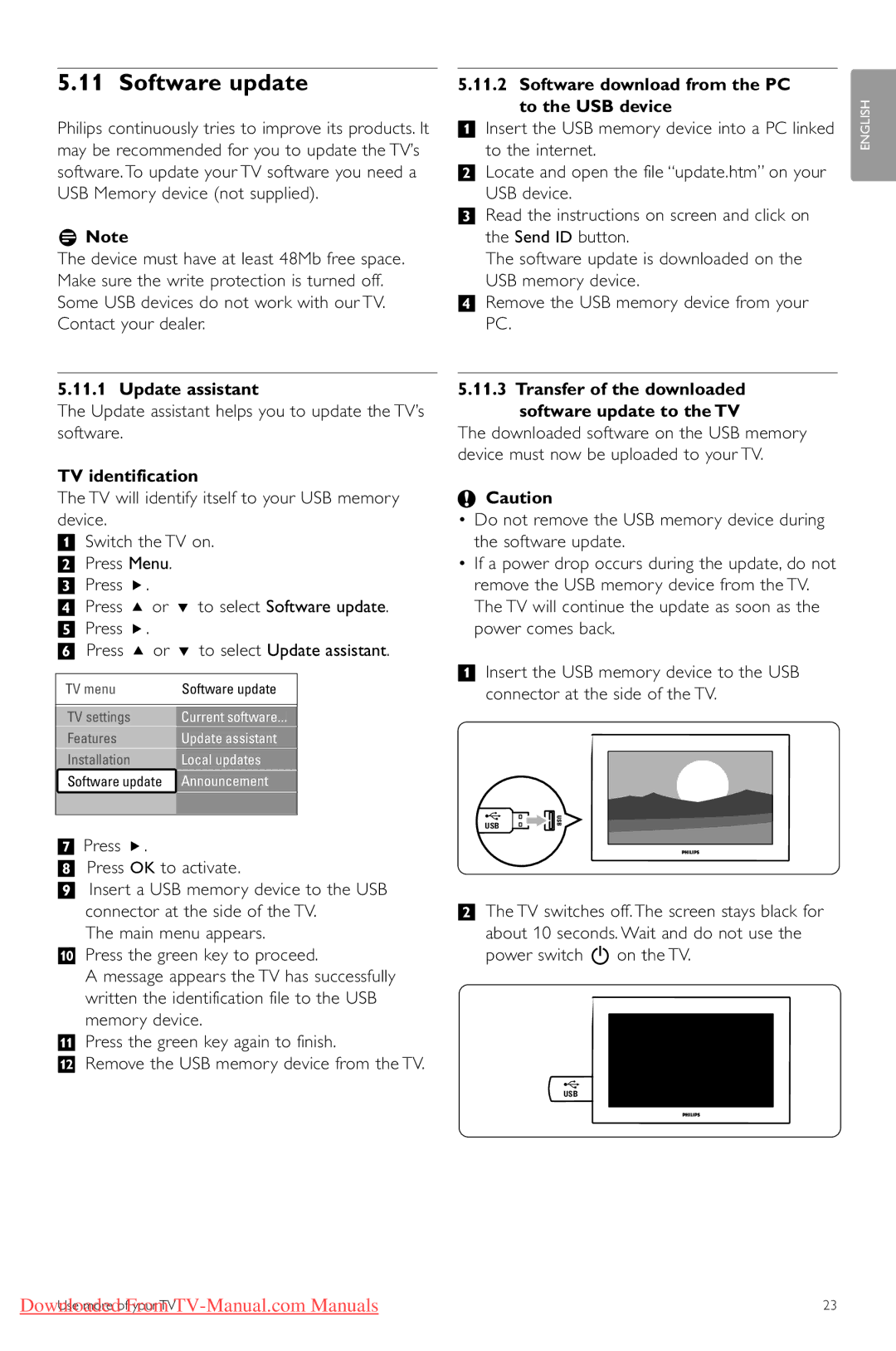 Philips 47PFL5603 Software update, Update assistant, TV identification, Software download from the PC To the USB device 