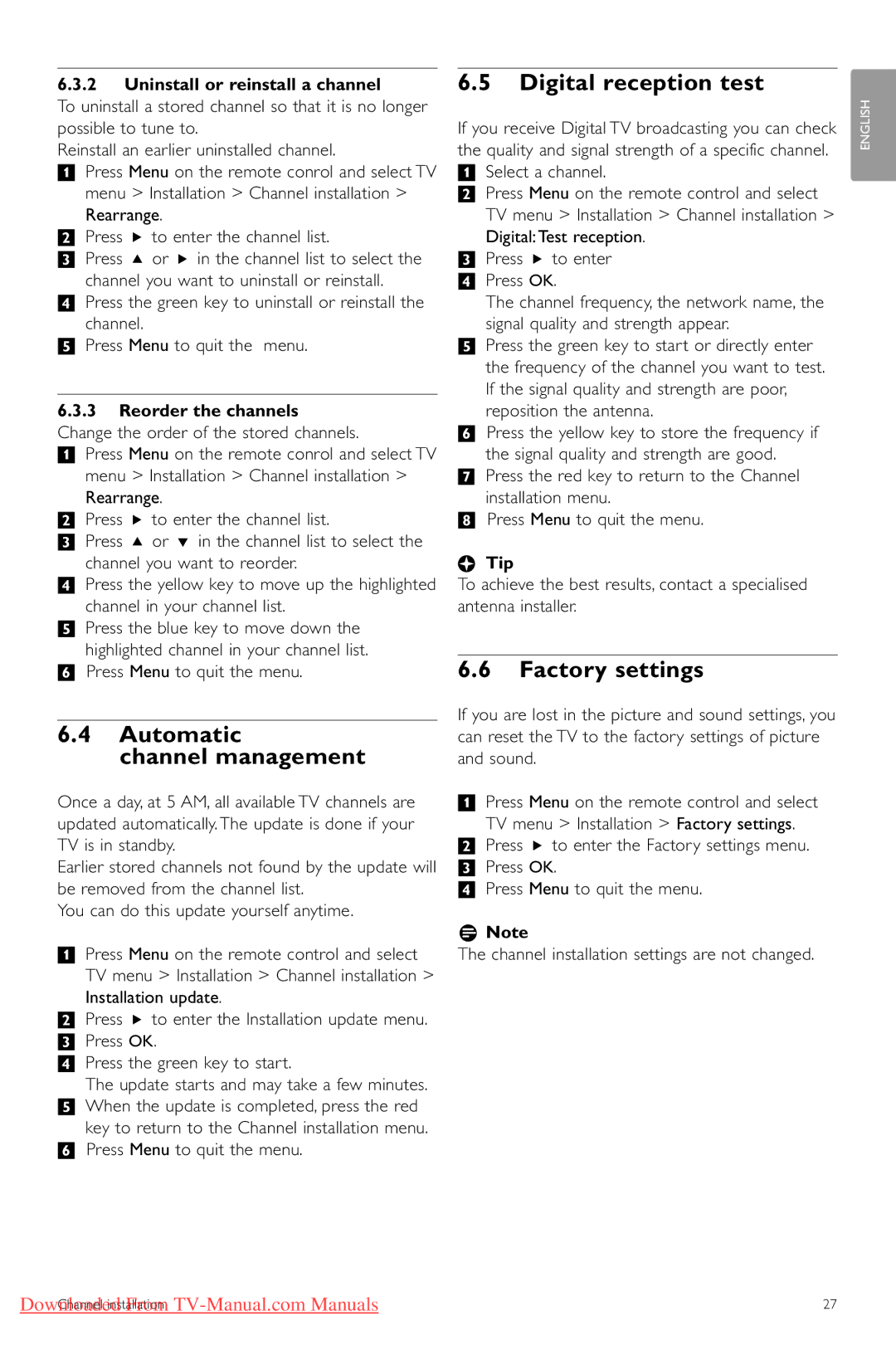 Philips 47PFL5603 Automatic Channel management, Digital reception test, Factory settings, Uninstall or reinstall a channel 