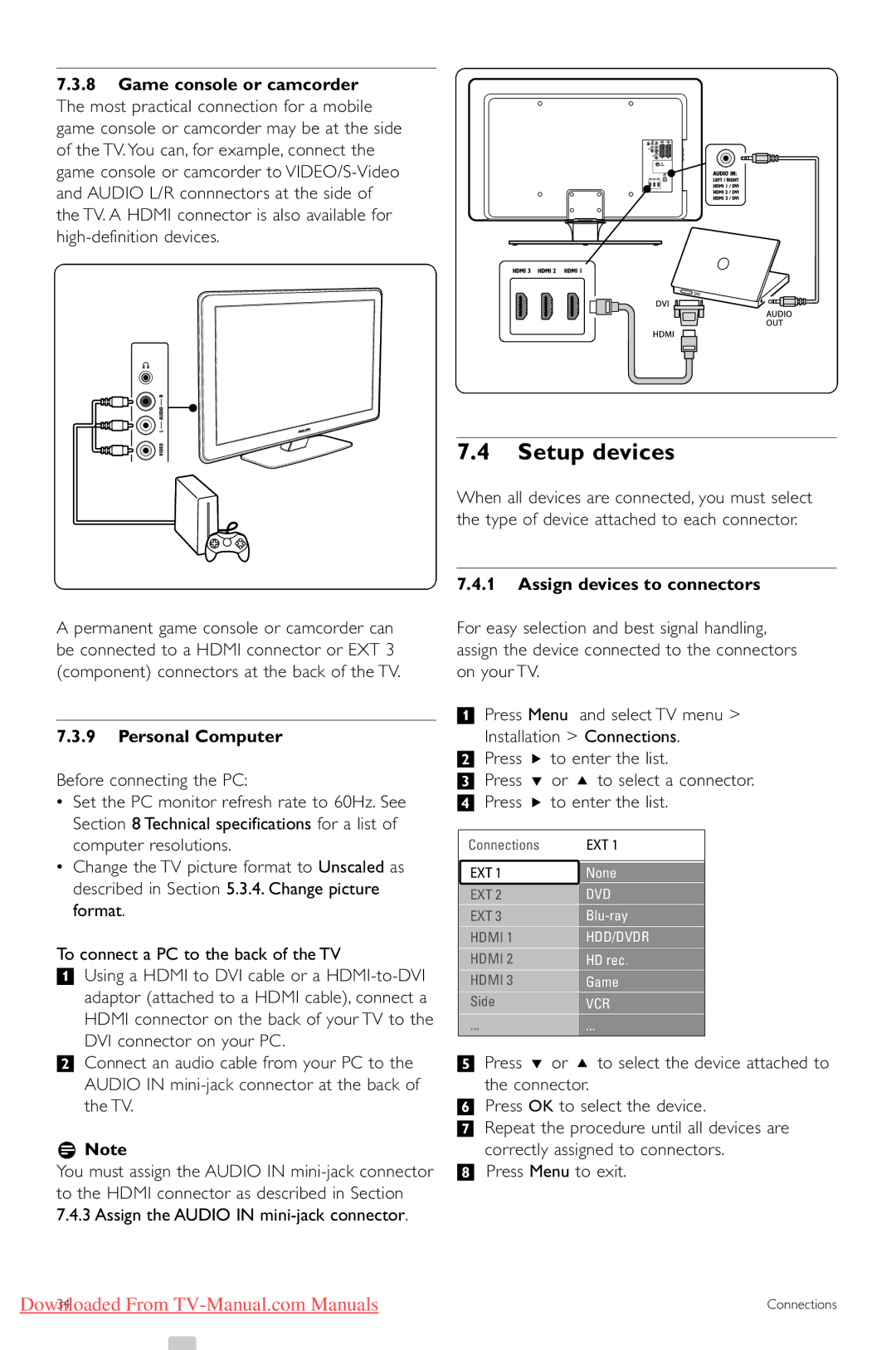 Philips 42PFL5403, 47PFL5603, 43PFL5603, 32PFL7403 manual Setup devices, Personal Computer, Assign devices to connectors 