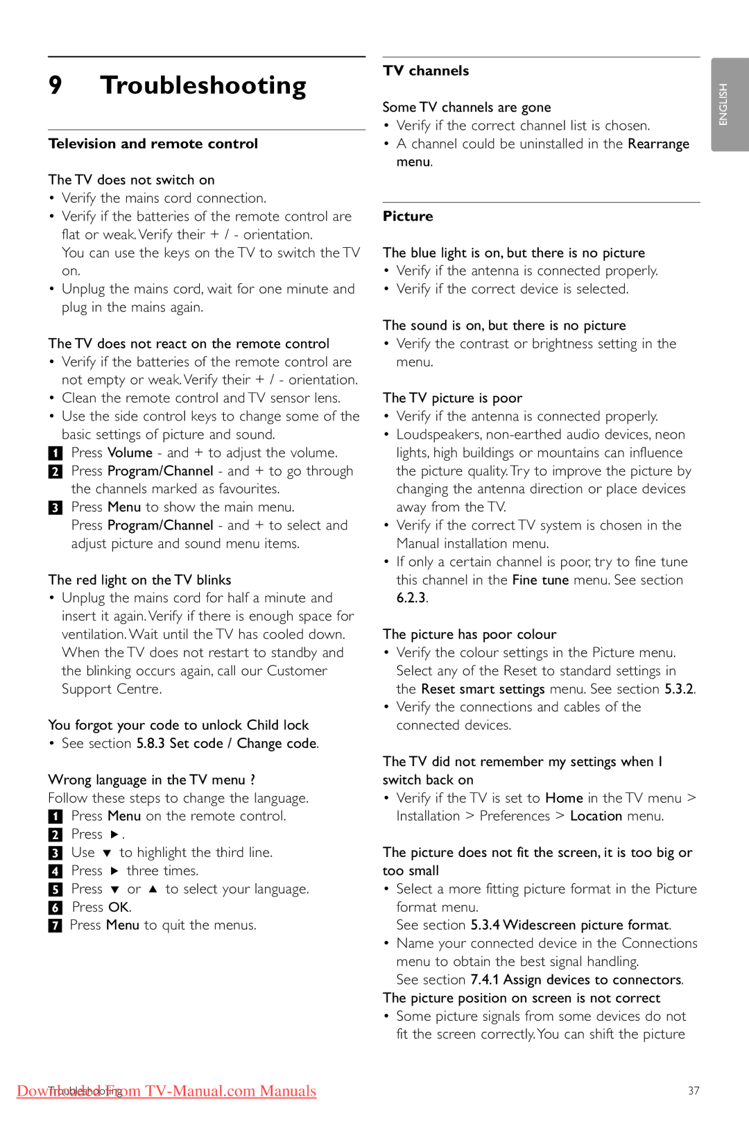 Philips 32PFL7403, 42PFL5403, 47PFL5603, 43PFL5603 manual Troubleshooting, Television and remote control, TV channels, Picture 