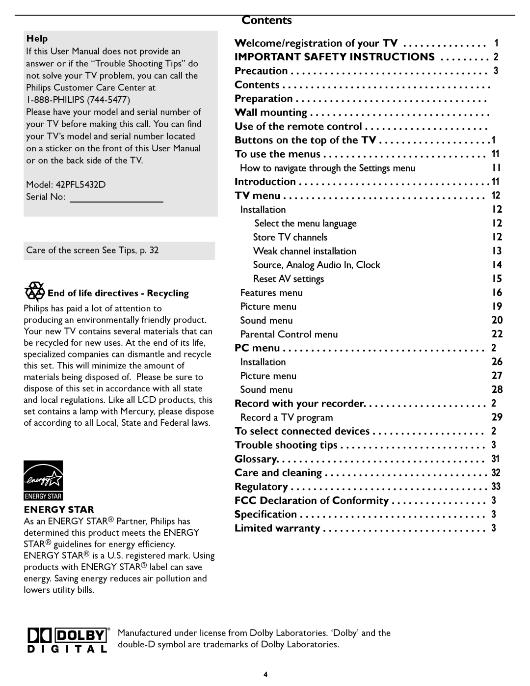 Philips 42PFL5432D manual Contents 