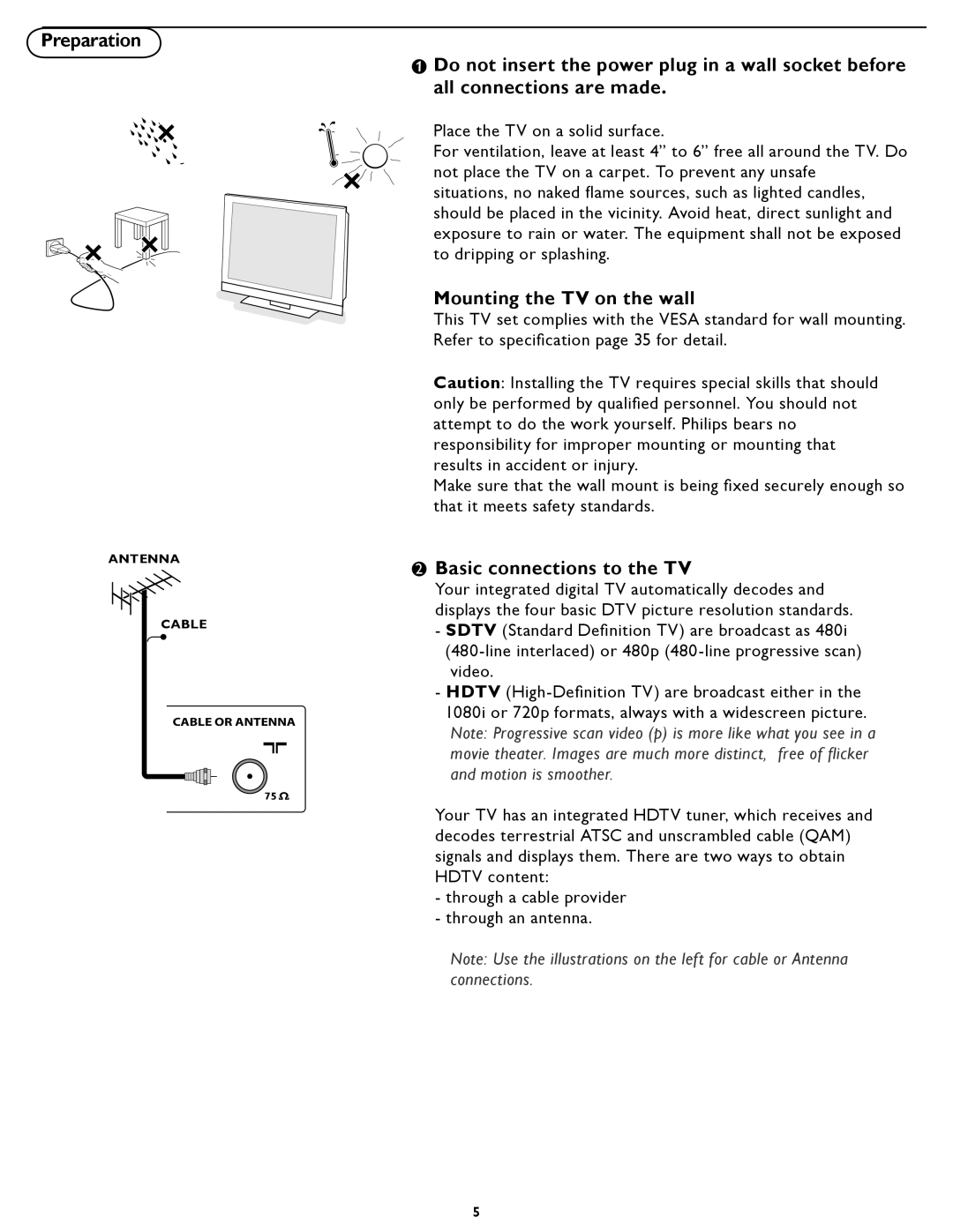 Philips 42PFL5432D manual Preparation, Mounting the TV on the wall, Basic connections to the TV 