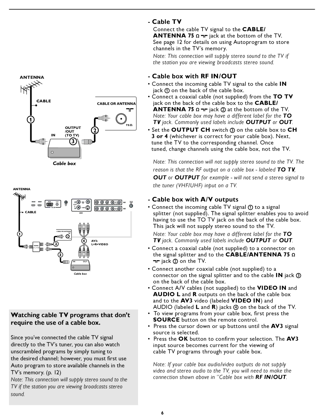 Philips 42PFL5432D manual Cable TV, Cable box with RF IN/OUT, Cable box with A/V outputs 