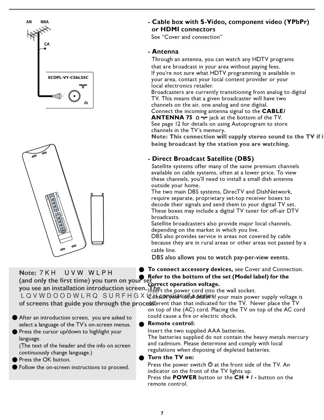 Philips 42PFL5432D manual Antenna, Direct Broadcast Satellite DBS, Remote control, Turn the TV on 