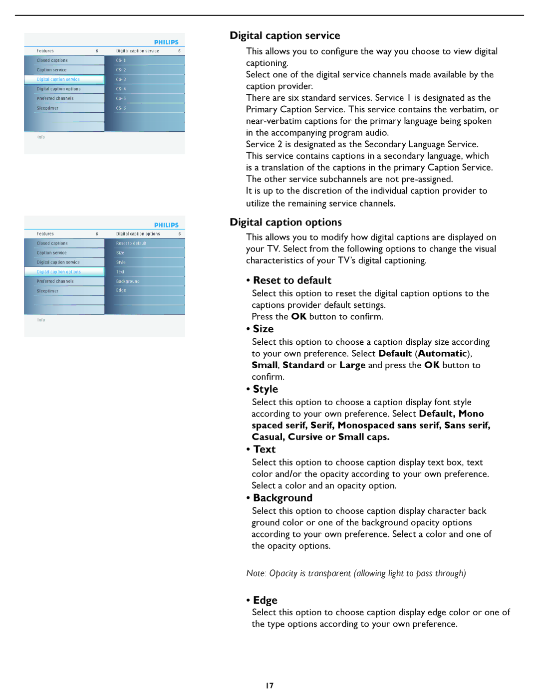 Philips 42PFL5432D Digital caption service, Digital caption options, Reset to default, Size, Style, Text, Background, Edge 