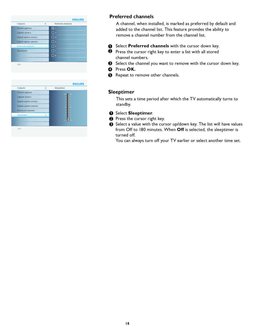 Philips 42PFL5432D manual Preferred channels, Sleeptimer 