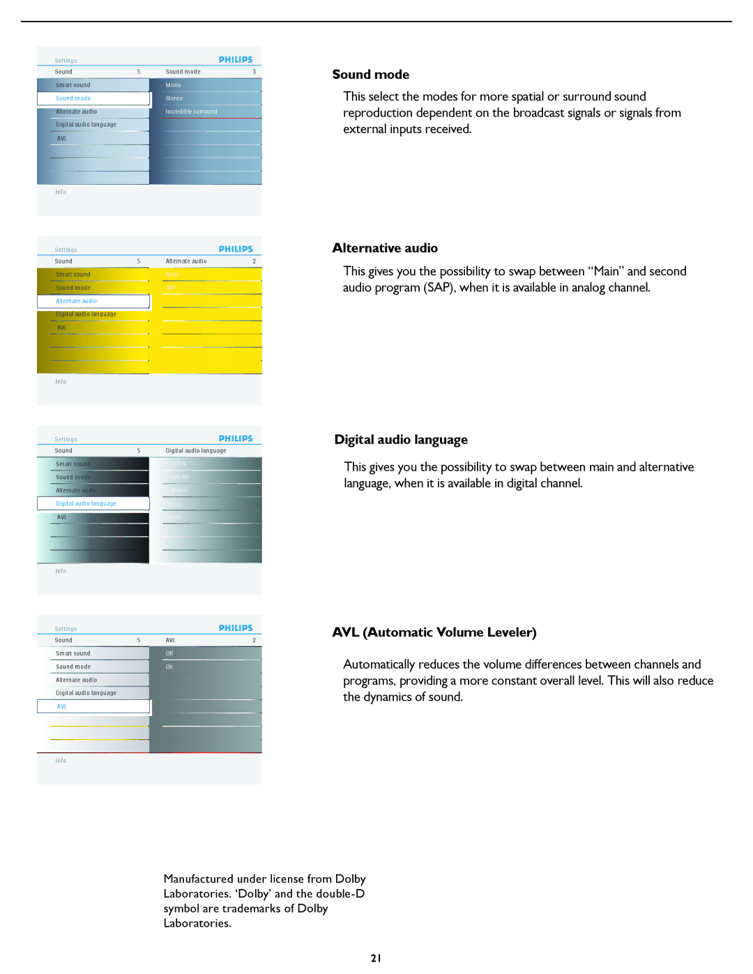 Philips 42PFL5432D manual Sound mode, Alternative audio, Digital audio language, AVL Automatic Volume Leveler 