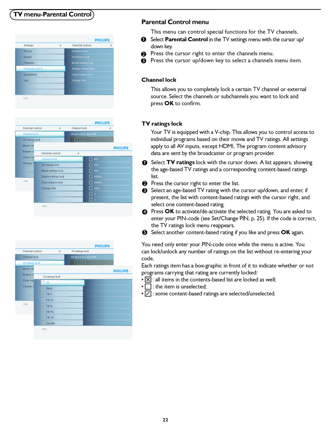 Philips 42PFL5432D manual TV menu-Parental Control, Parental Control menu, Channel lock, TV ratings lock 