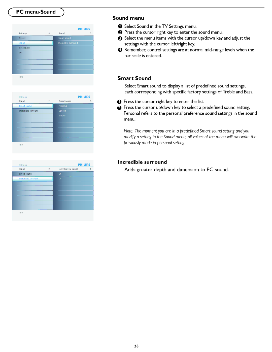 Philips 42PFL5432D manual PC menu-Sound, Smart Sound 
