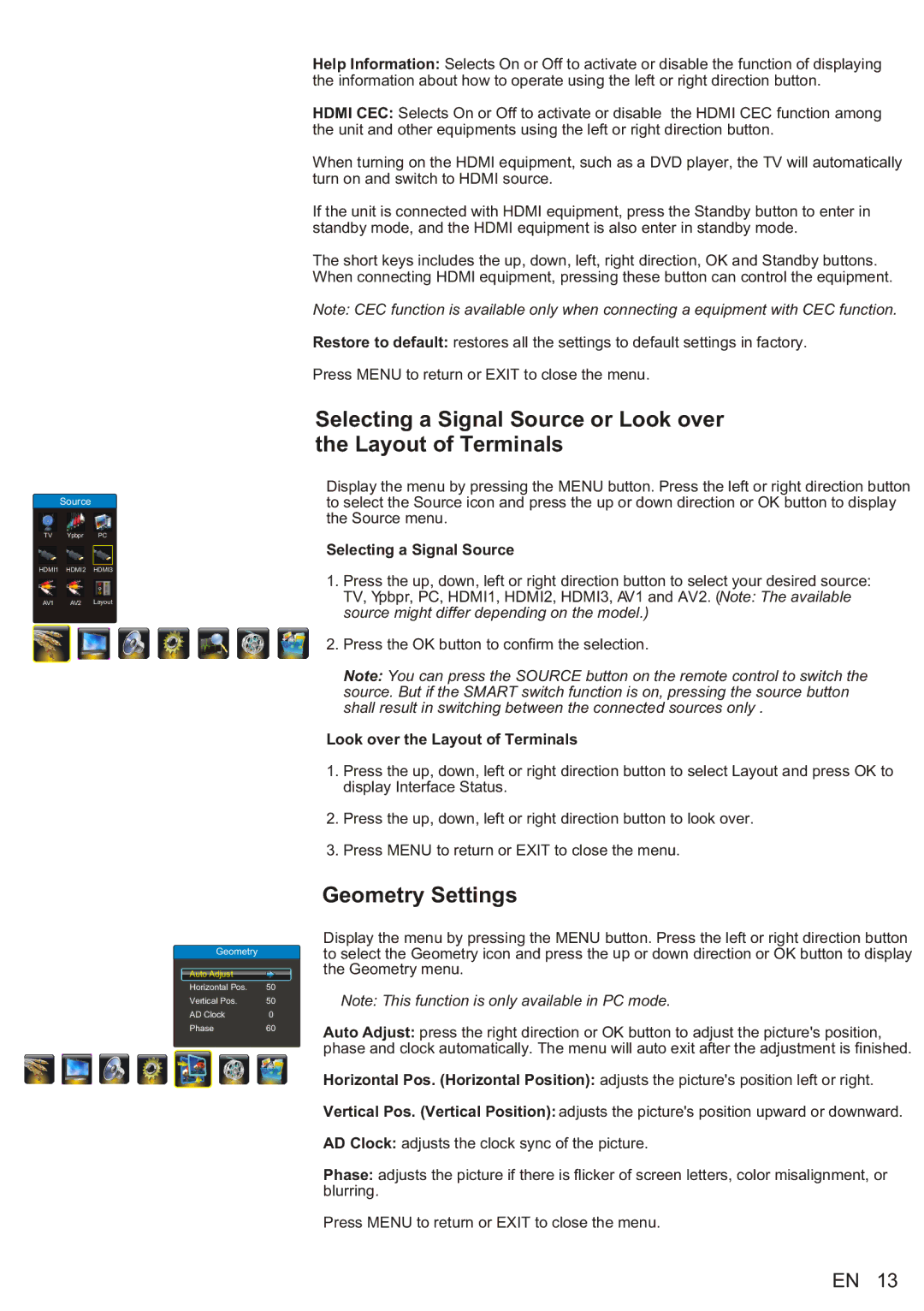 Philips 46PFL5505/V7, 42PFL5505/V7 Geometry Settings, Selecting a Signal Source, Look over the Layout of Terminals 