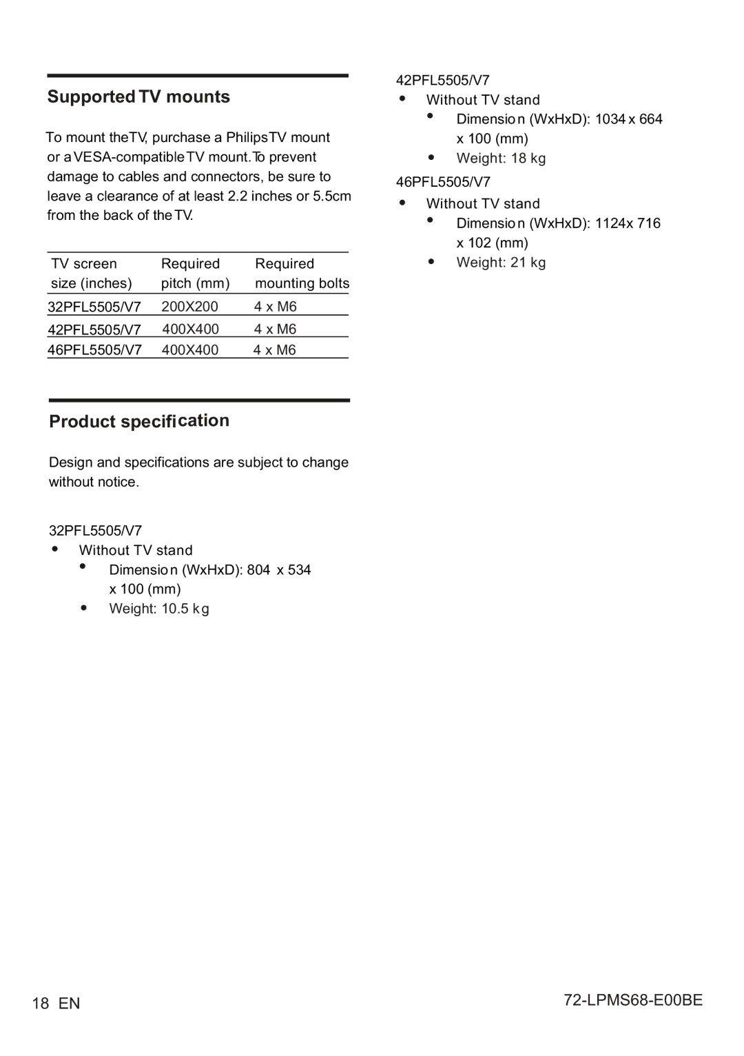 Philips 32PFL5505/V7, 42PFL5505/V7, 46PFL5505/V7 user manual Supported TV mounts, Product specification 