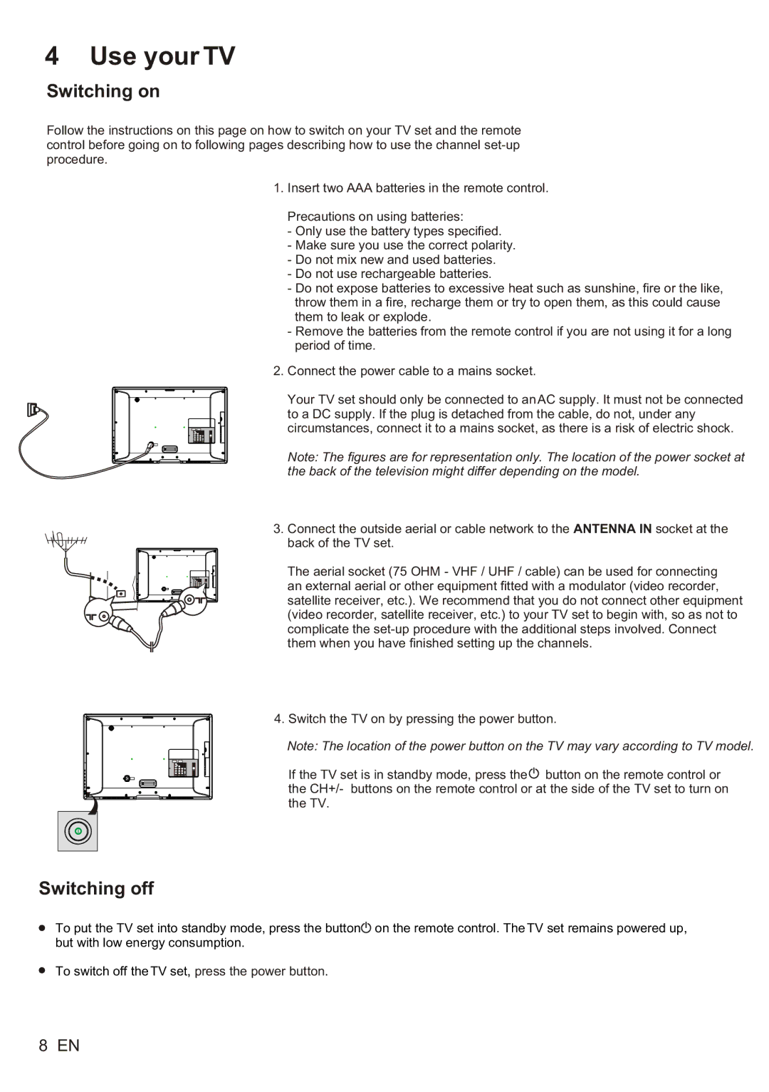 Philips 42PFL5505/V7, 32PFL5505/V7, 46PFL5505/V7 user manual Use your TV, Switching on, Switching off 