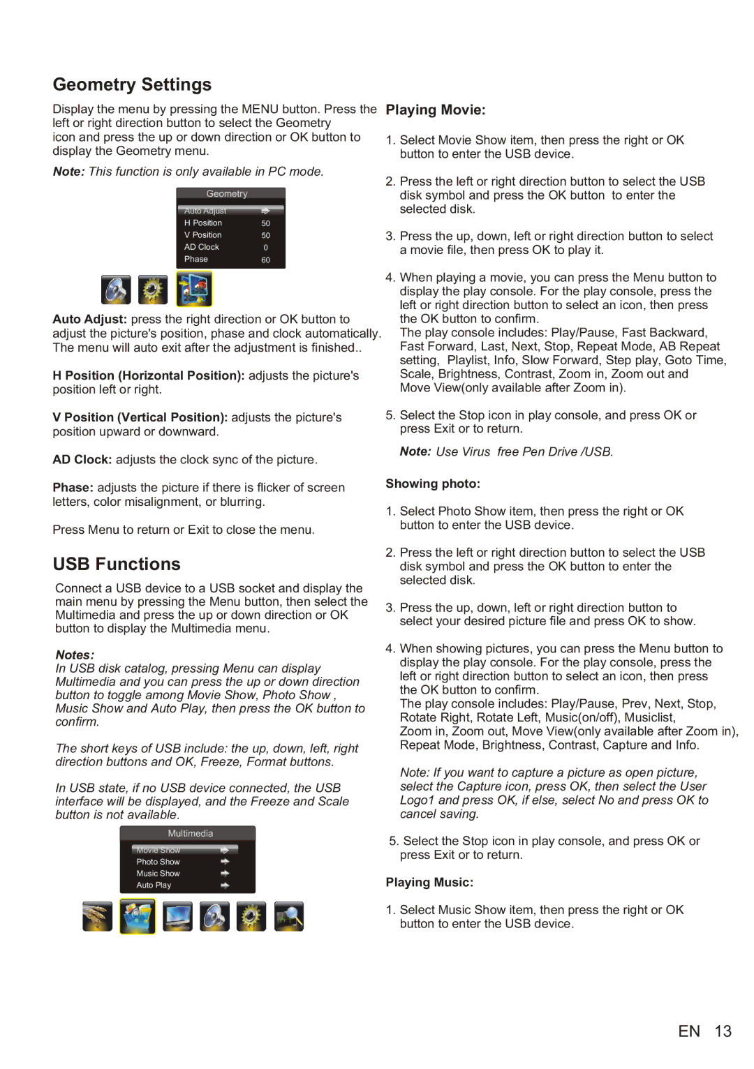 Philips 46PFL5755/V7 Geometry Settings, USB Functions, Position Horizontal Position adjusts the pictures, Showing photo 