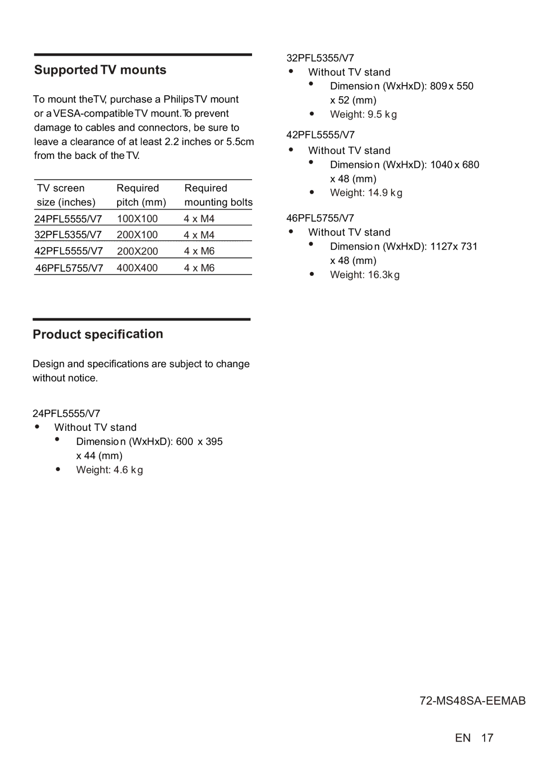 Philips 24PFL5555/V7, 42PFL5555/V7, 32PFL5355/V7, 46PFL5755/V7 user manual Supported TV mounts, Product specification 