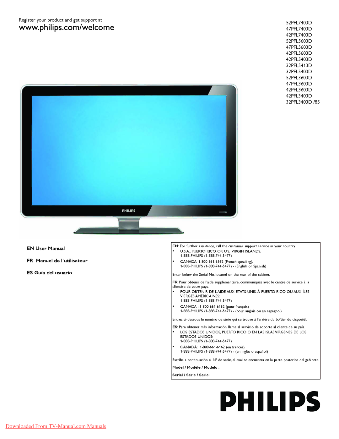 Philips 52PFL7403D user manual Register your product and get support at, FR Manuel de l’utilisateur ES Guía del usuario 