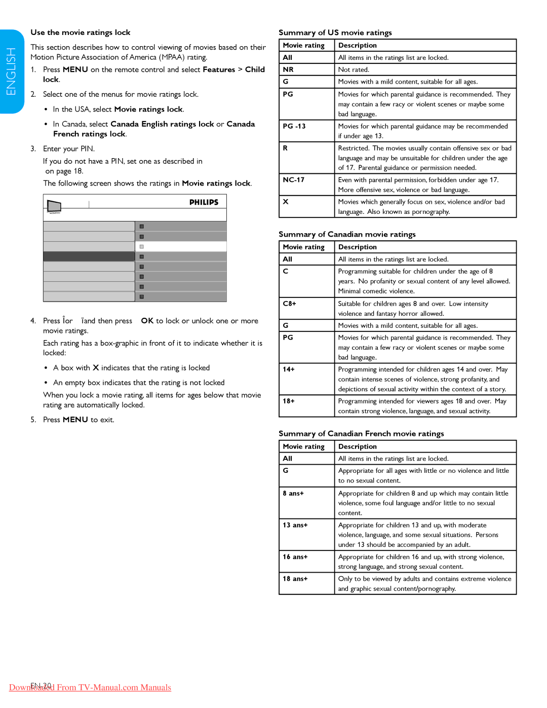 Philips 32PFL3403D /85 Use the movie ratings lock, Summary of US movie ratings, Summary of Canadian movie ratings, EN-20 