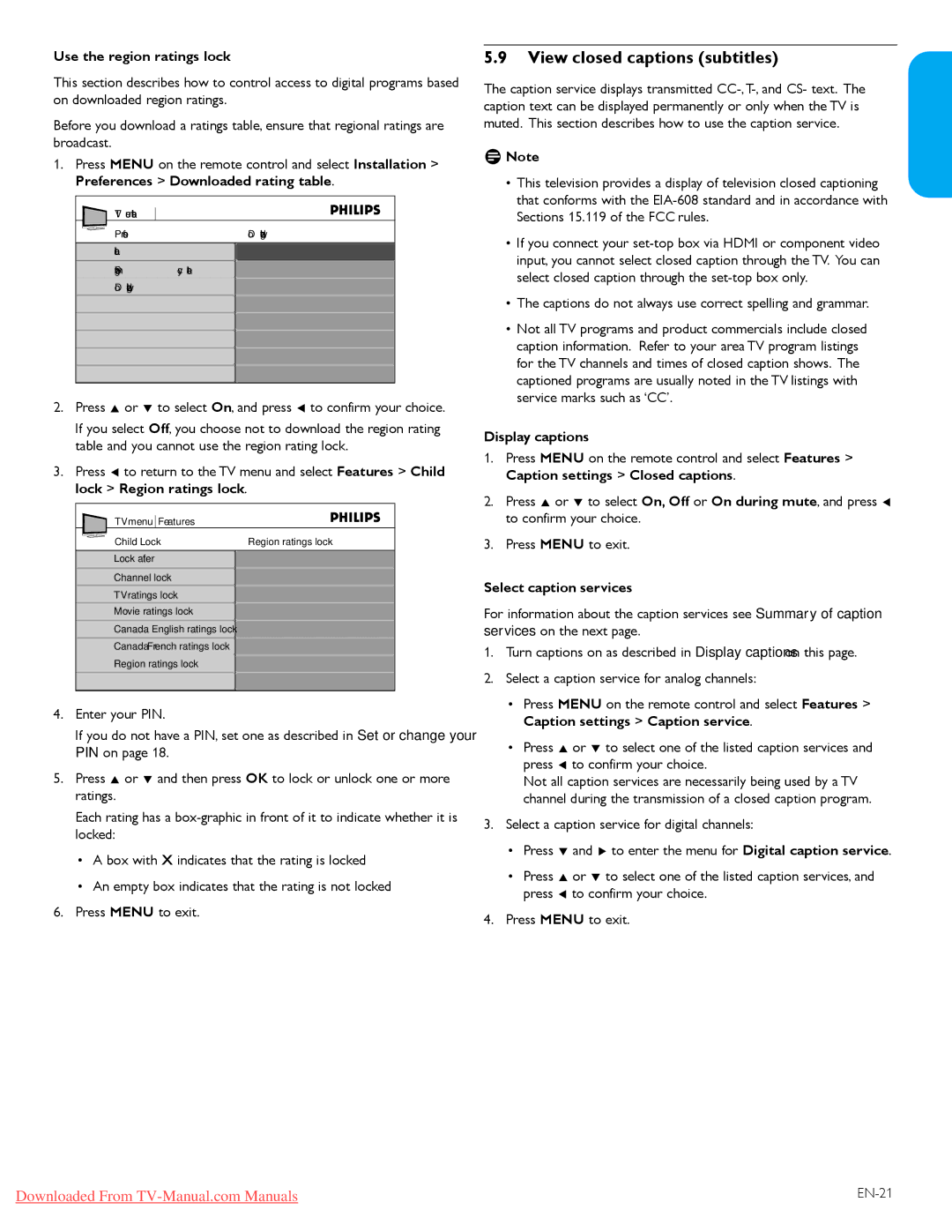 Philips 42PFL3603D View closed captions subtitles, Use the region ratings lock, Display captions, Select caption services 