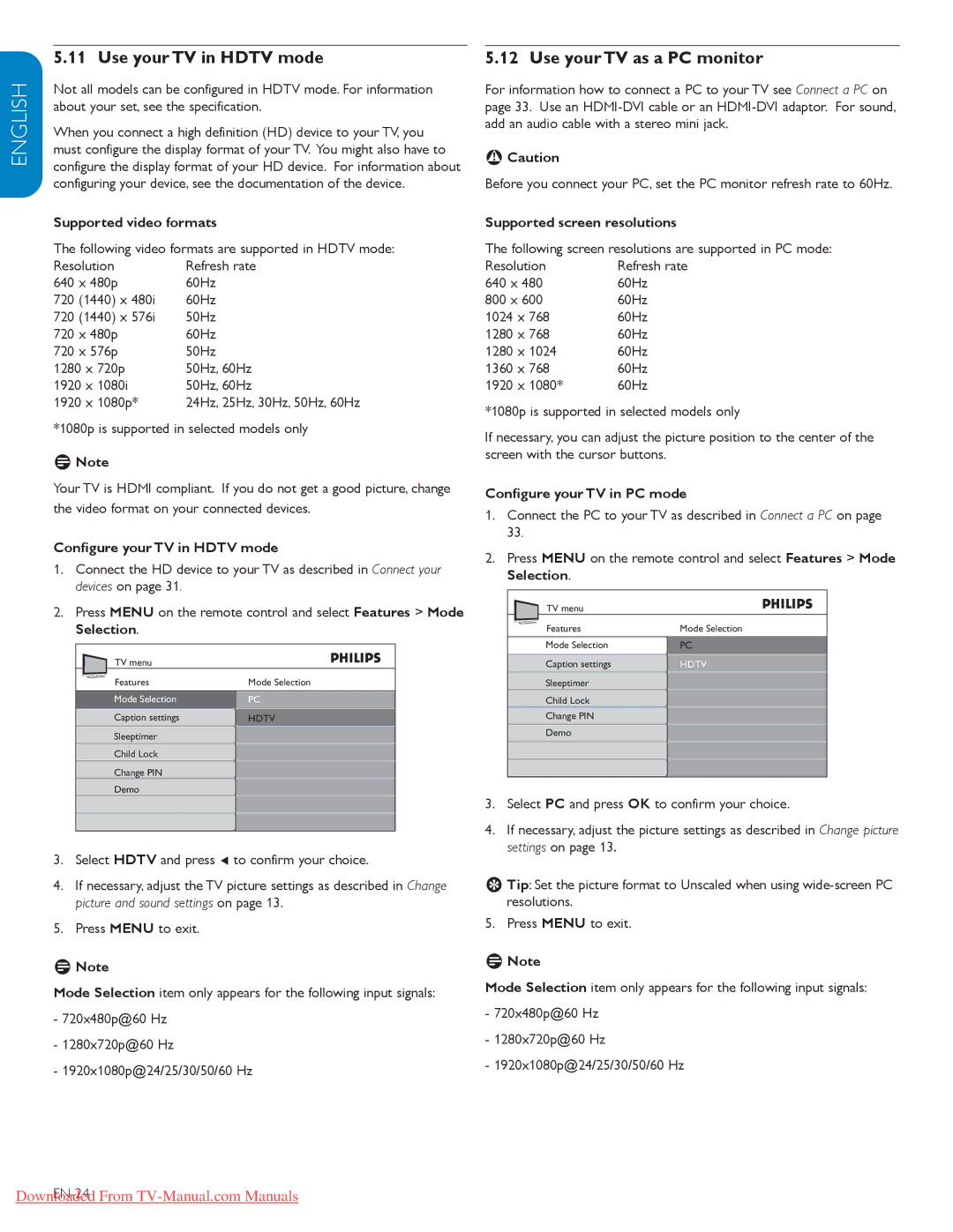 Philips 47PFL7403D, 42PFL5603D, 52PFL7403D, 52PFL5603D, 47PFL5603D Use your TV in Hdtv mode, Use your TV as a PC monitor 