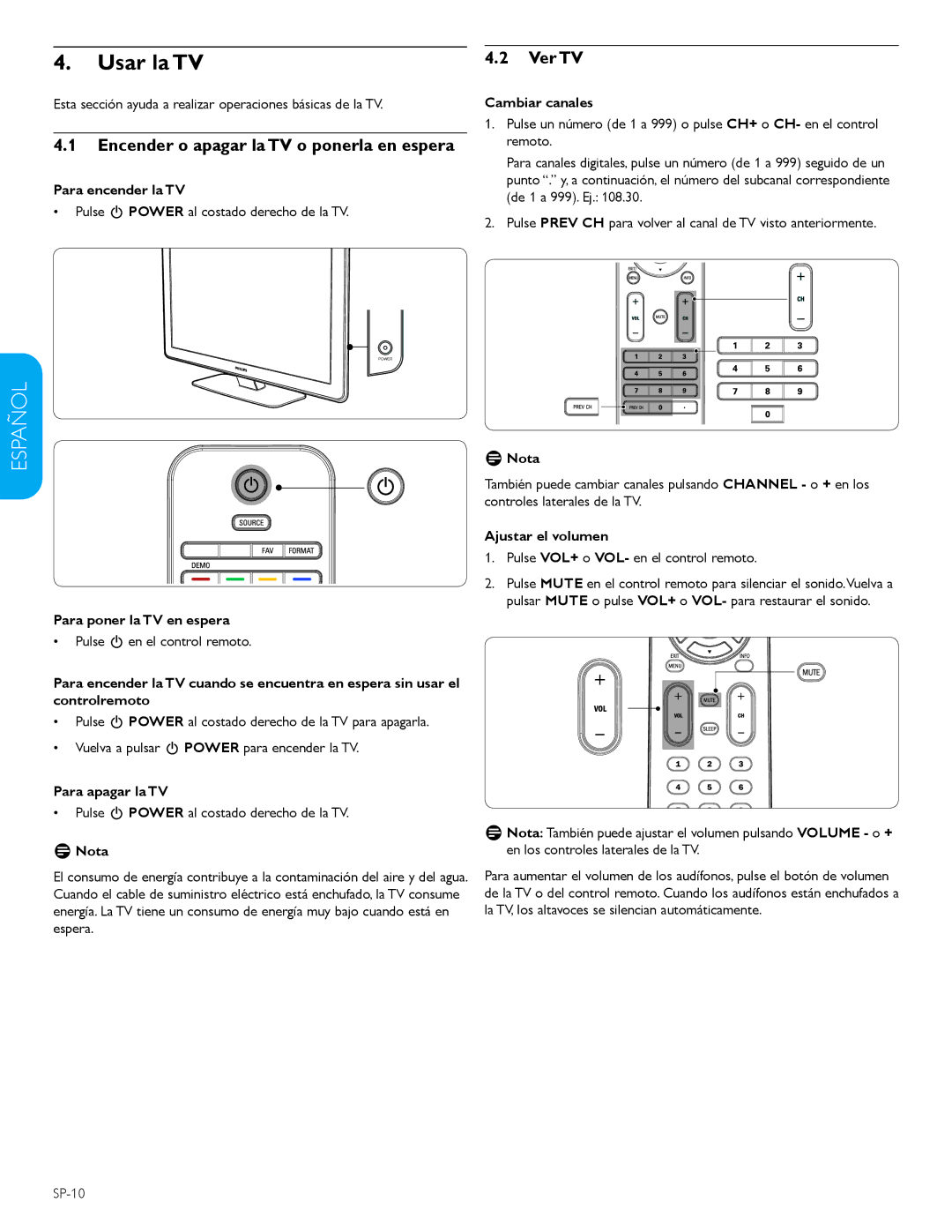 Philips 42PFL5603D user manual Usar la TV, Encender o apagar la TV o ponerla en espera, Ver TV 