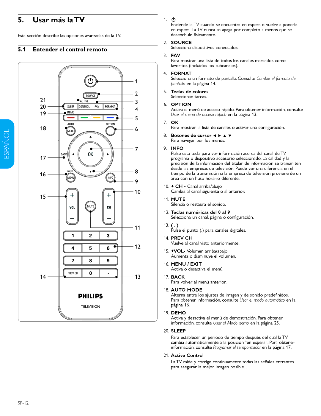 Philips 42PFL5603D user manual Usar más la TV, Entender el control remoto 