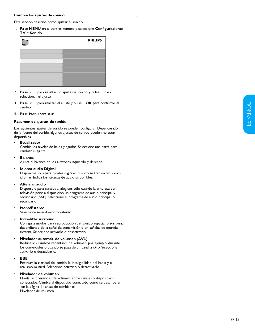 Philips 42PFL5603D Cambie los ajustes de sonido, Resumen de ajustes de sonido, Balance, Idioma audio Digital, Mono/Estéreo 