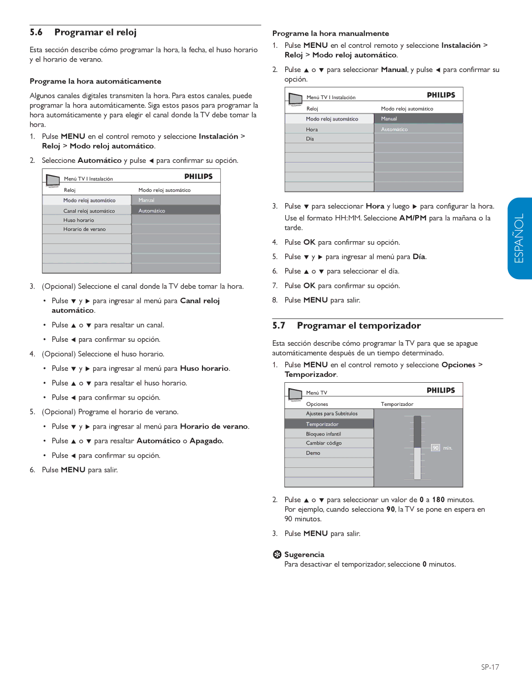 Philips 42PFL5603D user manual Programar el reloj, Programar el temporizador 