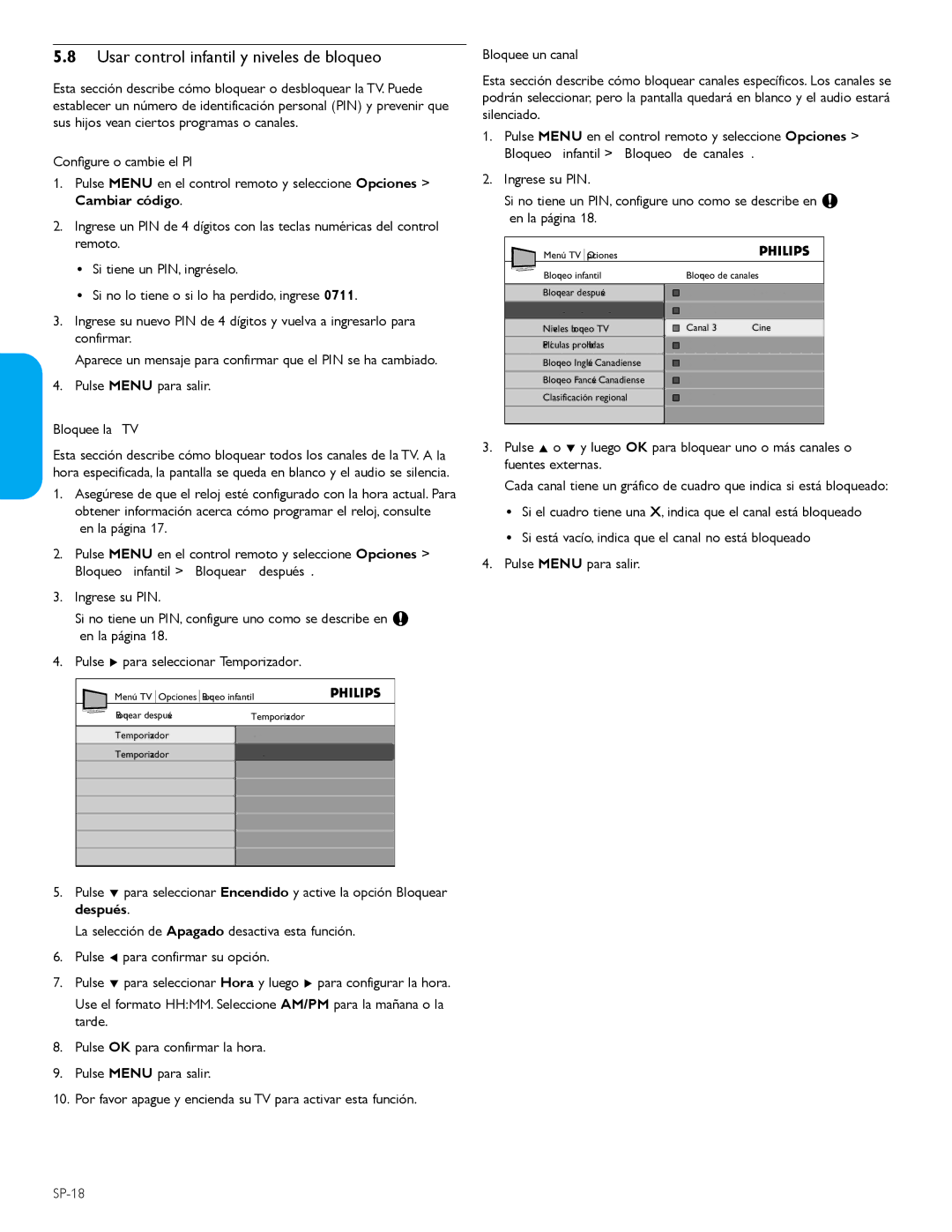 Philips 42PFL5603D user manual Usar control infantil y niveles de bloqueo 