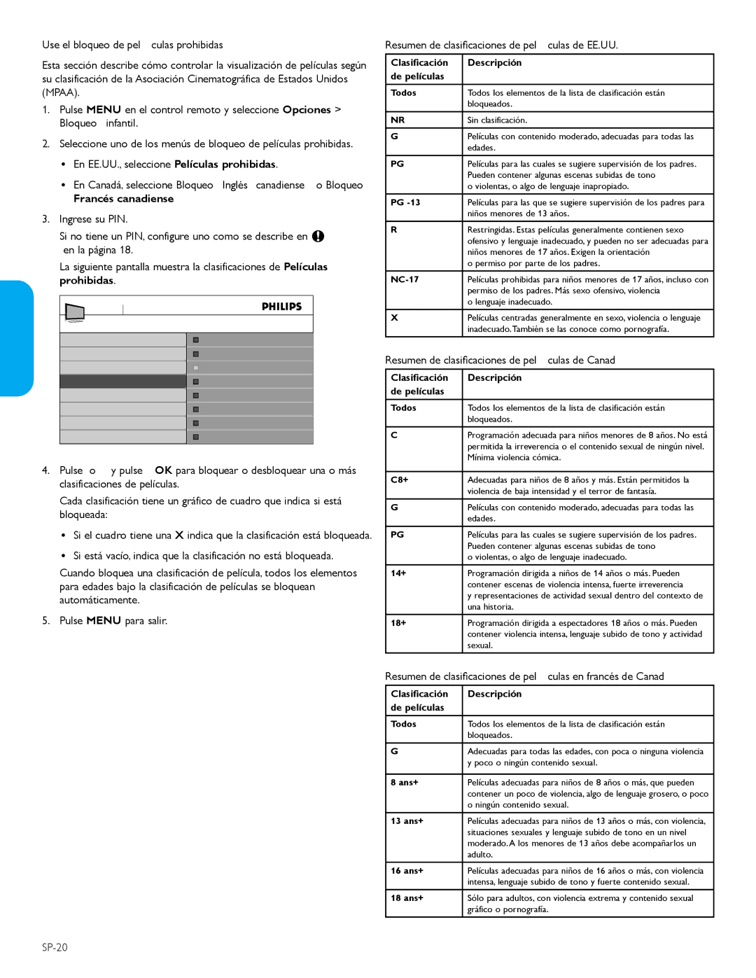 Philips 42PFL5603D user manual Use el bloqueo de películas prohibidas, Bloqueo infantil, Francés canadiense 