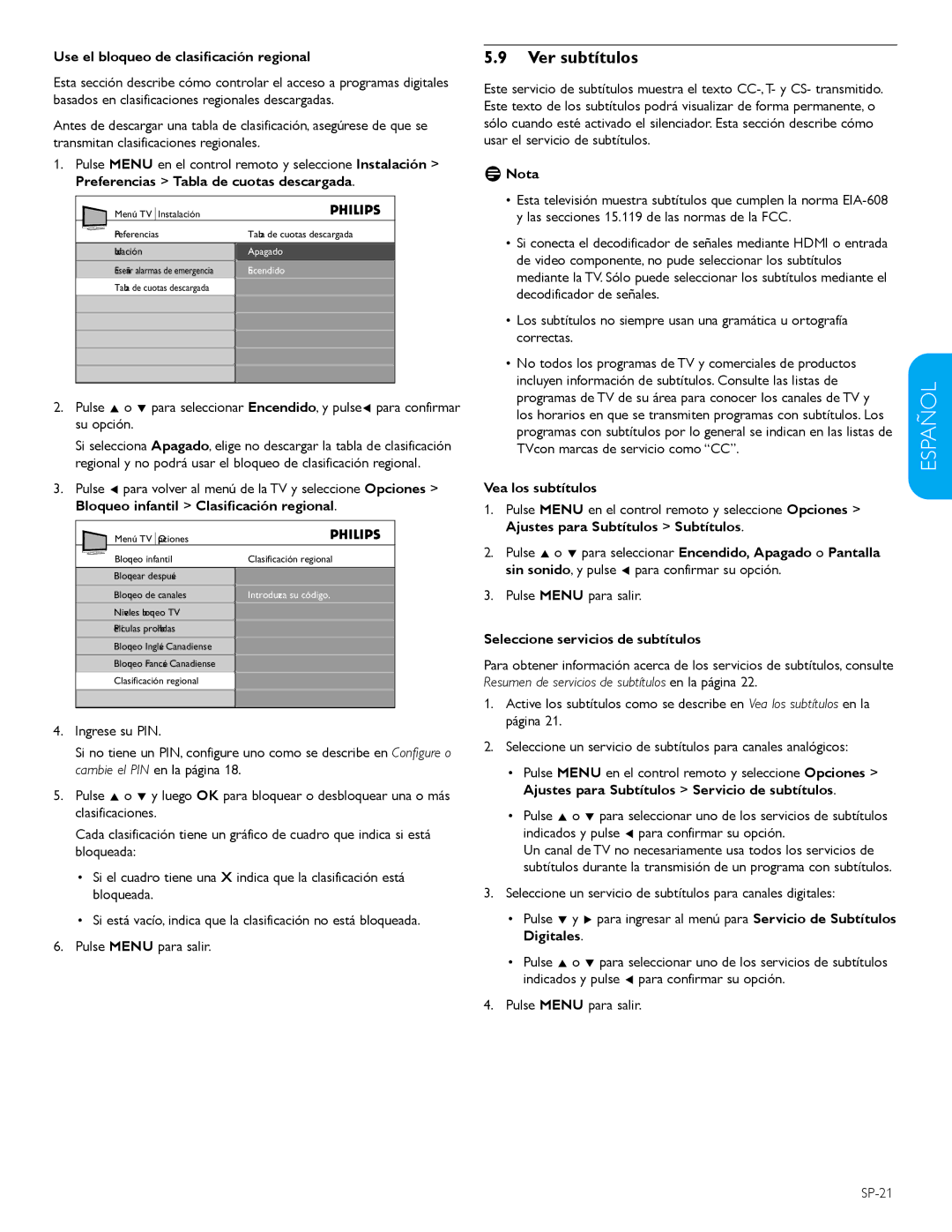 Philips 42PFL5603D Ver subtítulos, Use el bloqueo de clasificación regional, Bloqueo infantil Clasificación regional 