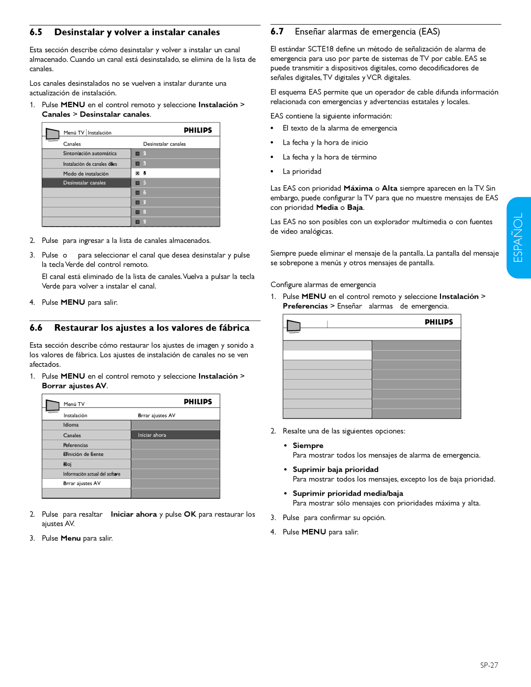 Philips 42PFL5603D user manual Desinstalar y volver a instalar canales, Restaurar los ajustes a los valores de fábrica 