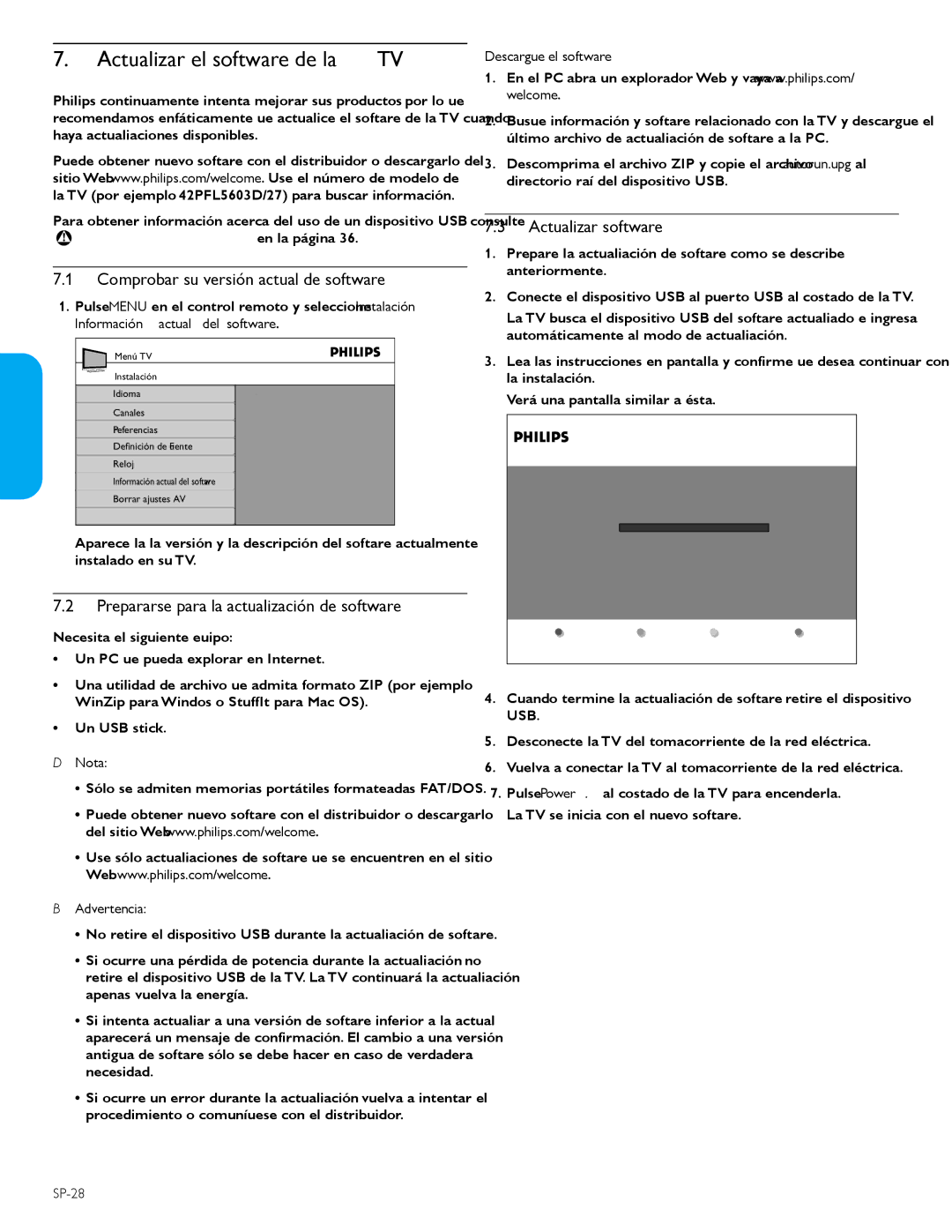 Philips 42PFL5603D Actualizar el software de la TV, Comprobar su versión actual de software, Actualizar software 