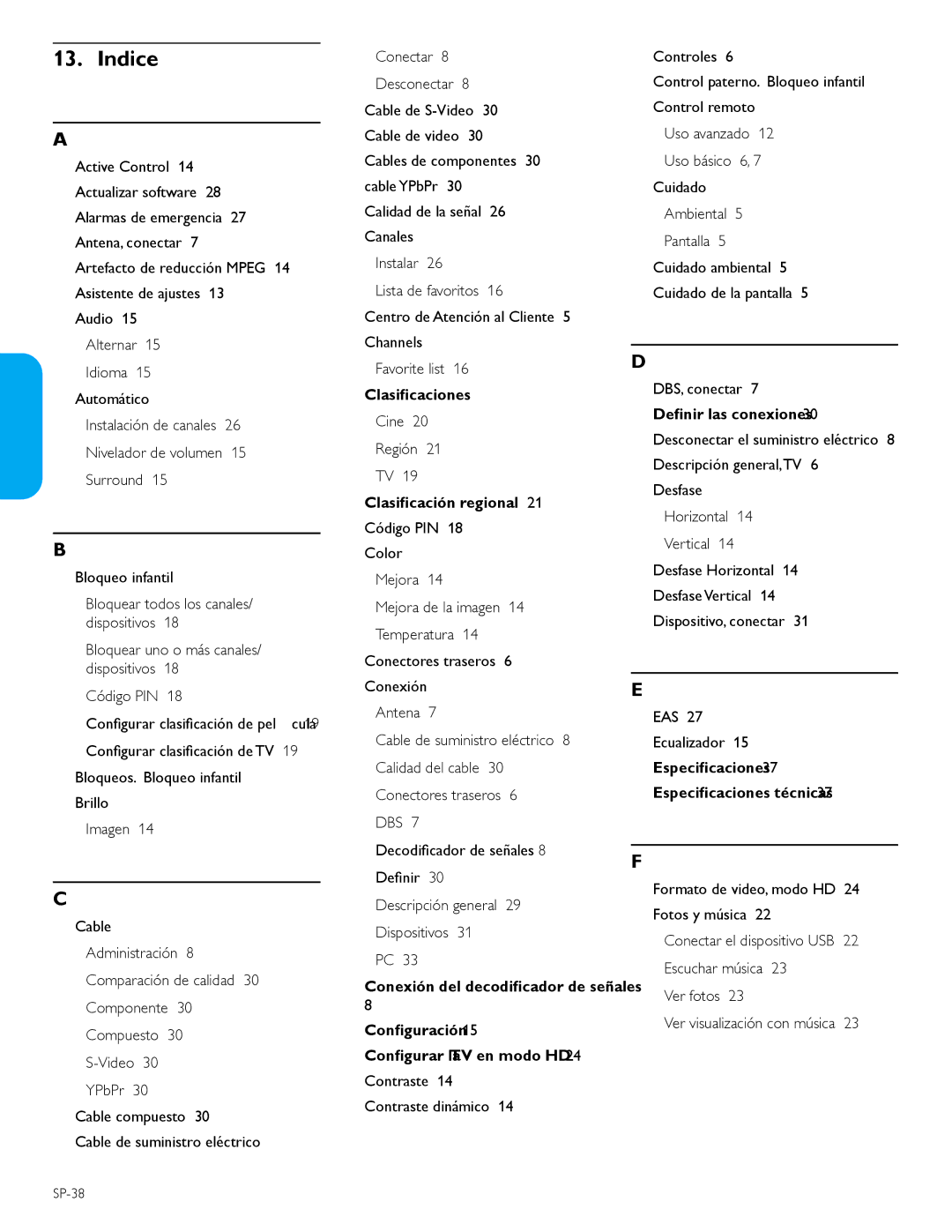 Philips 42PFL5603D user manual Indice, SP-38 