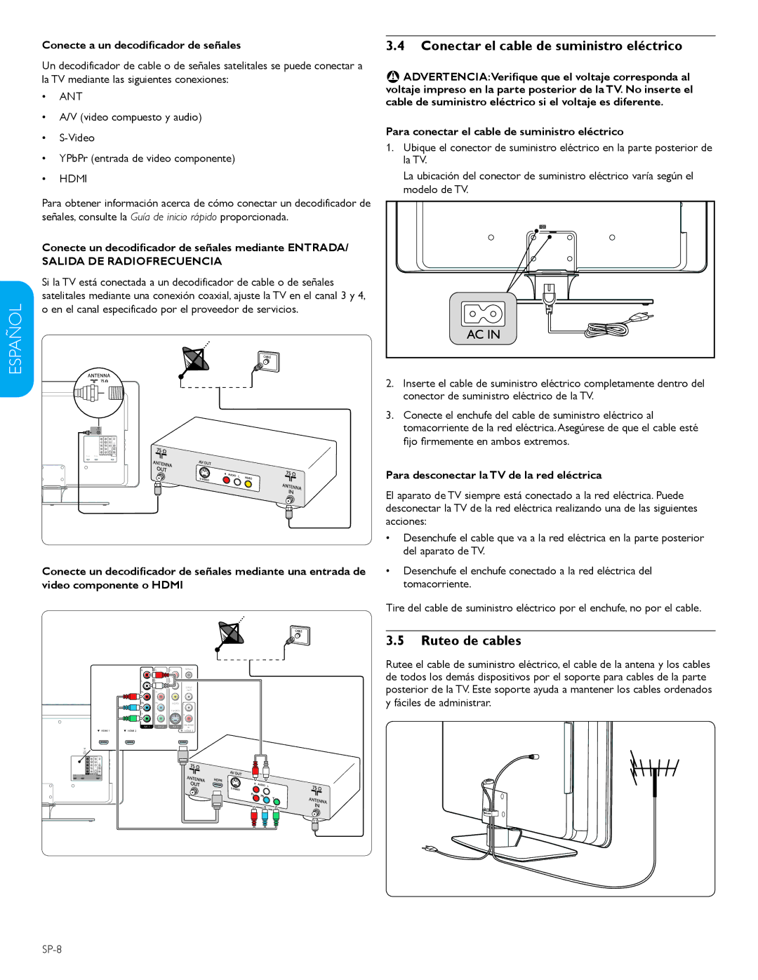 Philips 42PFL5603D Conectar el cable de suministro eléctrico, Ruteo de cables, Conecte a un decodificador de señales 