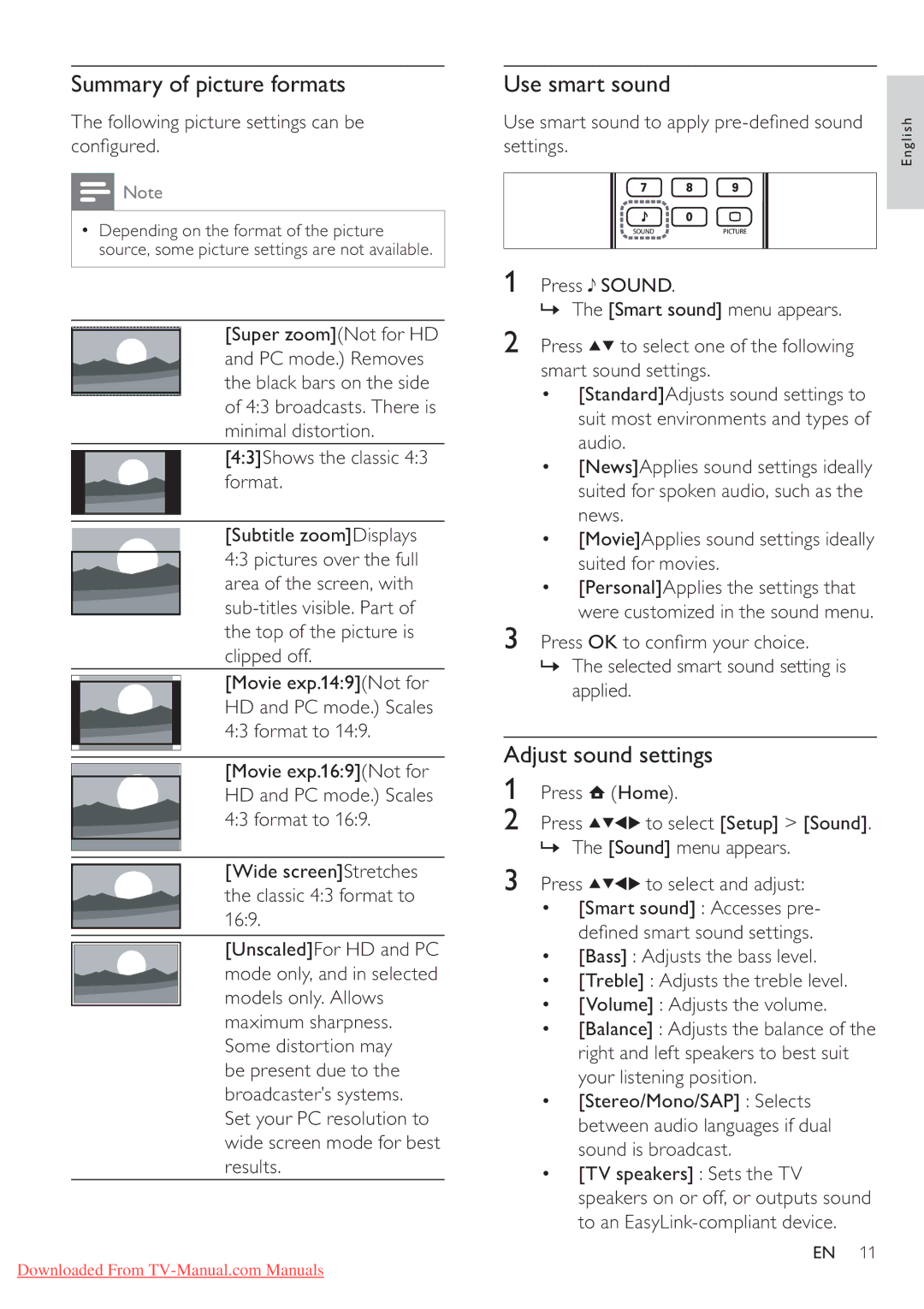 Philips 32PFL5604/78, 42PFL5604/78, 42PFL5604/77 Summary of picture formats, Use smart sound, Adjust sound settings 