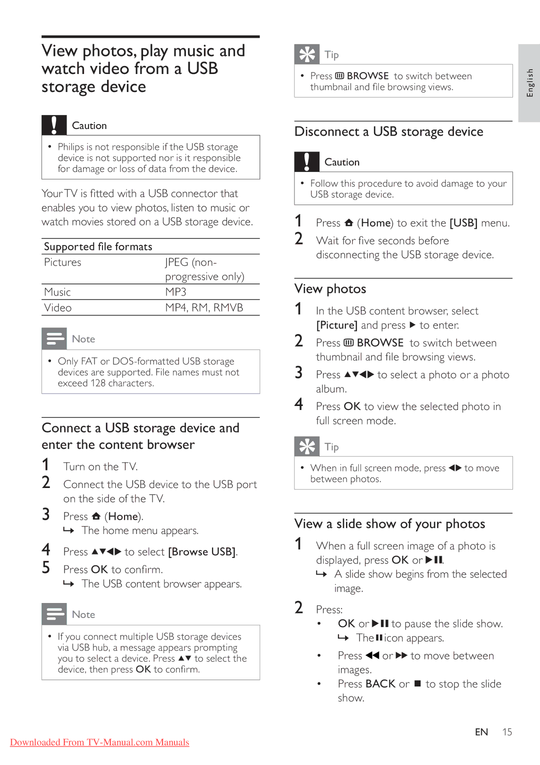 Philips 32PFL5604/78 Connect a USB storage device and enter the content browser, Disconnect a USB storage device 