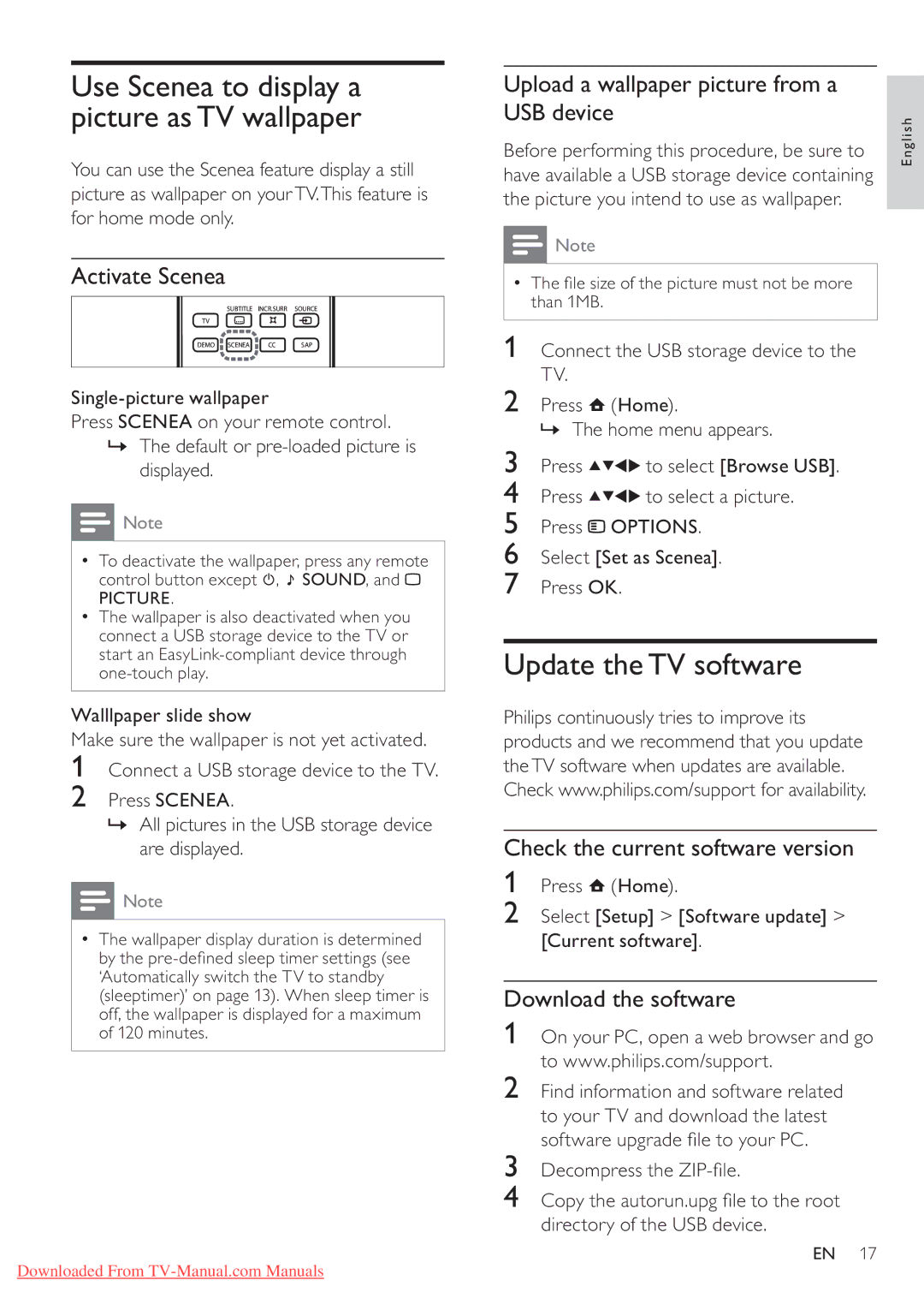 Philips 42PFL5604/78, 42PFL5604/77 Update theTV software, Activate Scenea, Upload a wallpaper picture from a USB device 