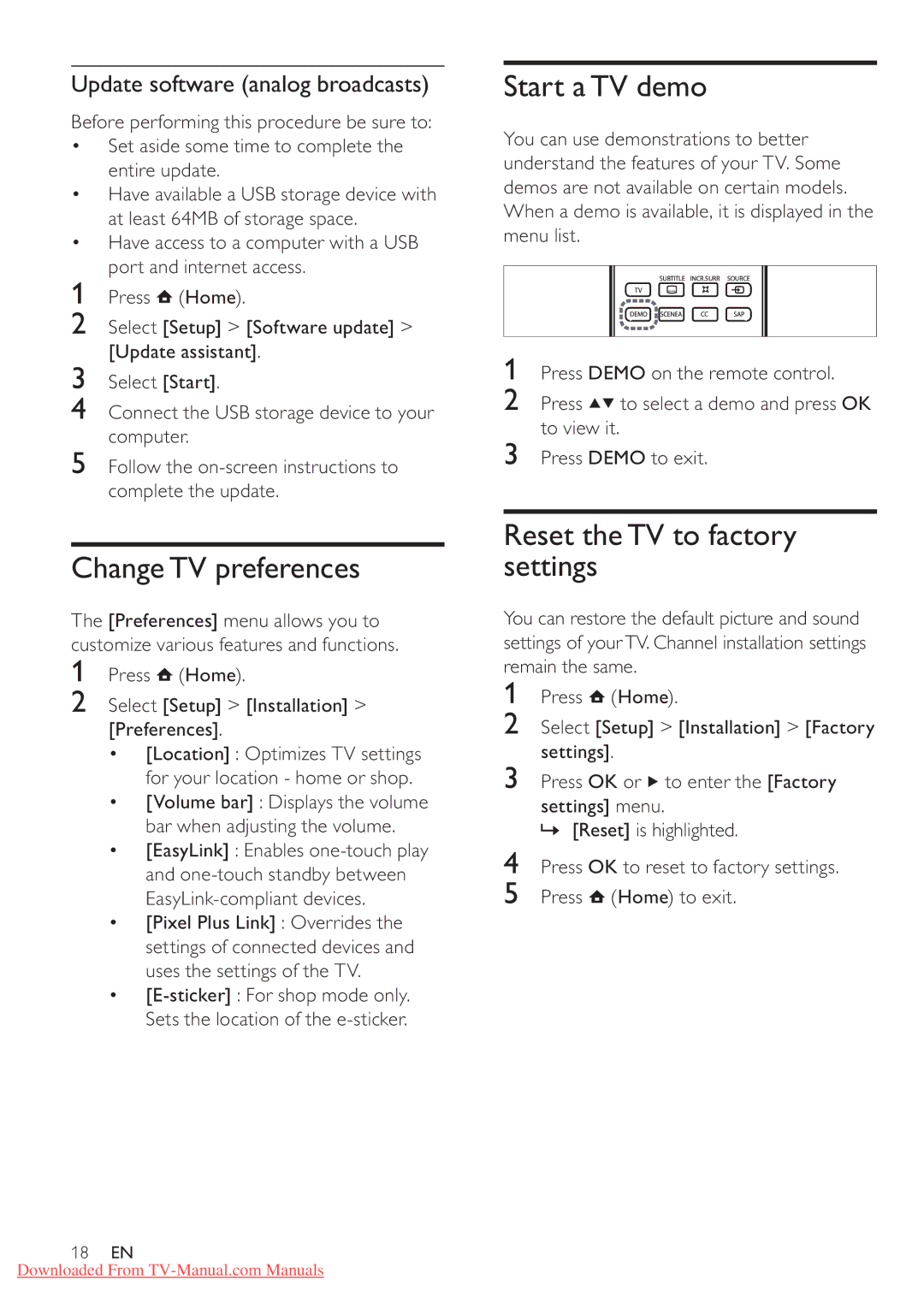 Philips 42PFL5604/77, 42PFL5604/78, 32PFL5604/78 ChangeTV preferences, Start aTV demo, Reset theTV to factory settings 