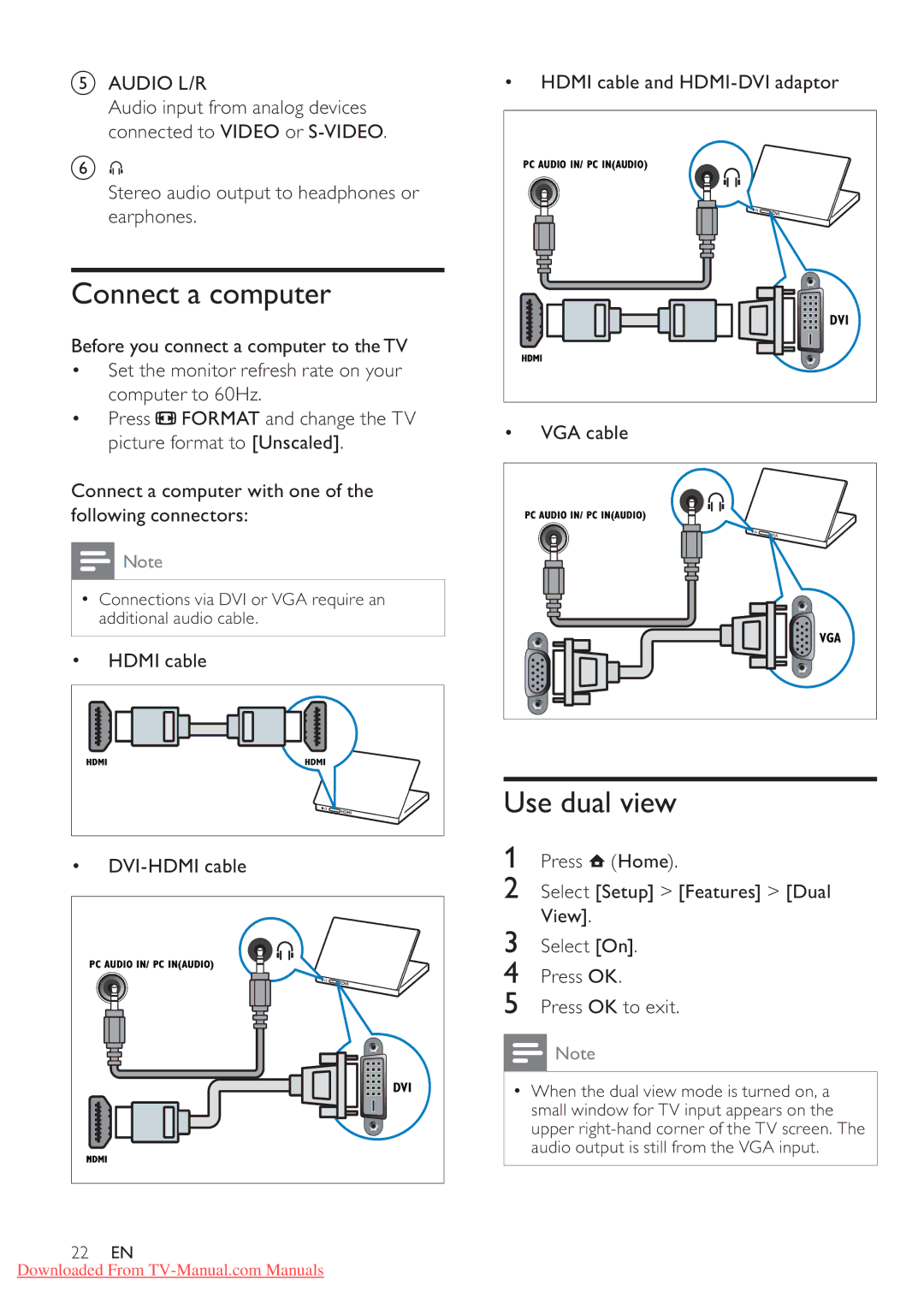 Philips 42PFL5604/77, 42PFL5604/78, 32PFL5604/78, 32PFL5604/77 user manual Connect a computer, Use dual view 