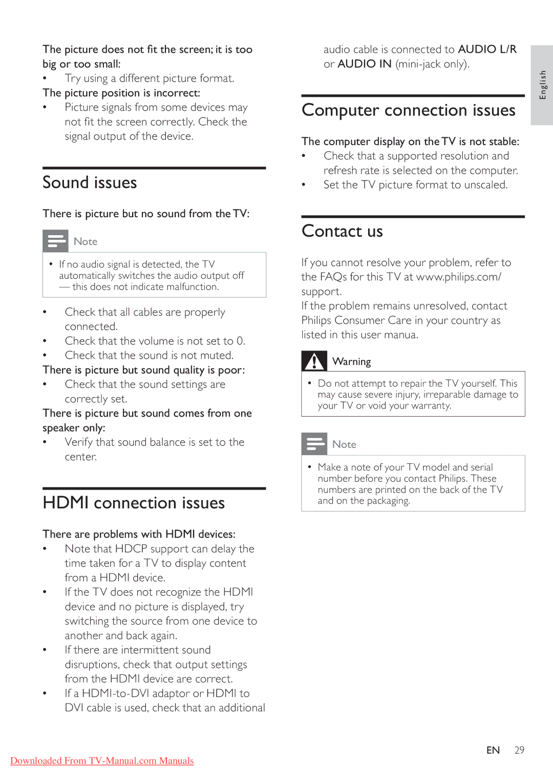 Philips 42PFL5604/78, 42PFL5604/77 user manual Sound issues, Hdmi connection issues, Computer connection issues, Contact us 