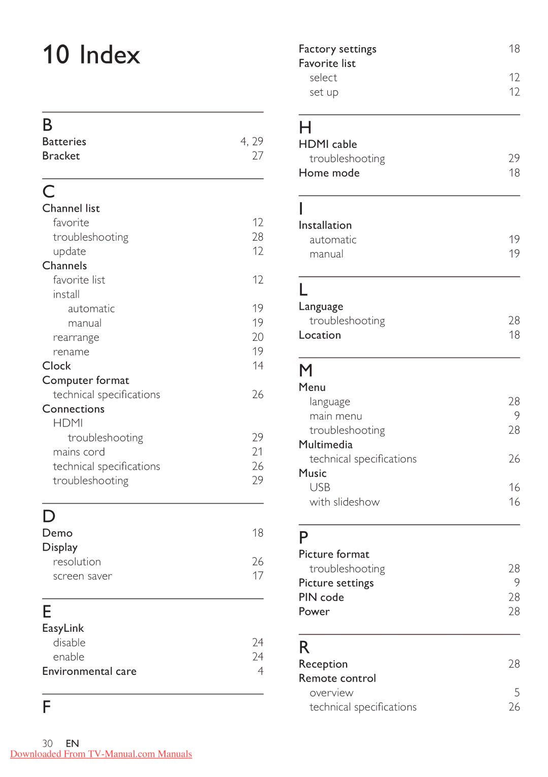 Philips 42PFL5604/77, 42PFL5604/78, 32PFL5604/78, 32PFL5604/77 user manual Index 