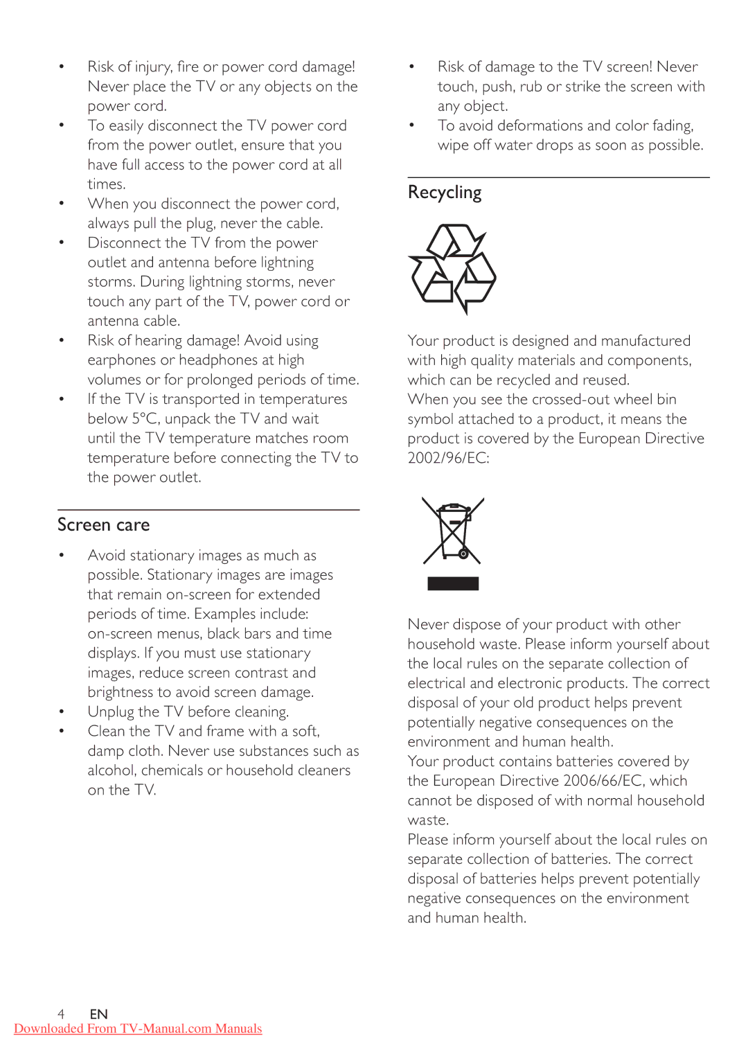 Philips 32PFL5604/77, 42PFL5604/78, 42PFL5604/77, 32PFL5604/78 user manual Recycling, Screen care 