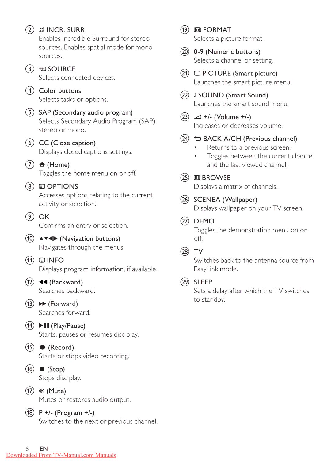 Philips 42PFL5604/77 Info Displays program information, if available, Sets a delay after which the TV switches to standby 