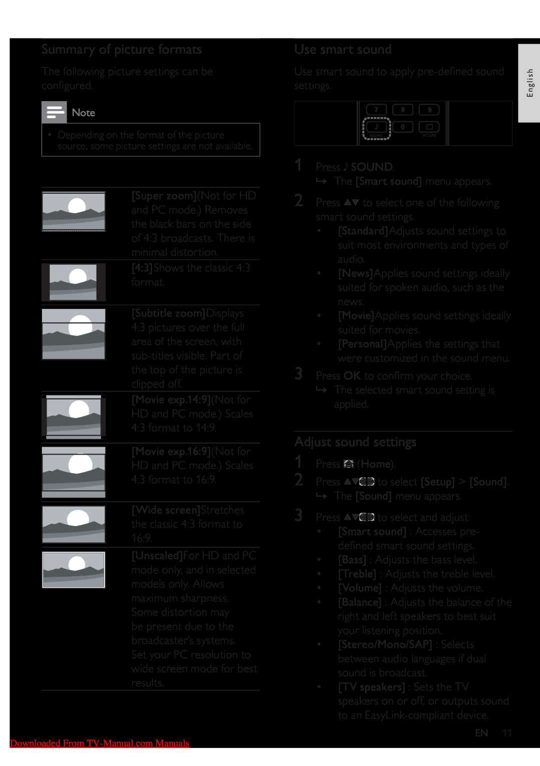 Philips 32PFL5604/78, 42PFL5604/78, 42PFL5604/77 Summary of picture formats, Use smart sound, Adjust sound settings 