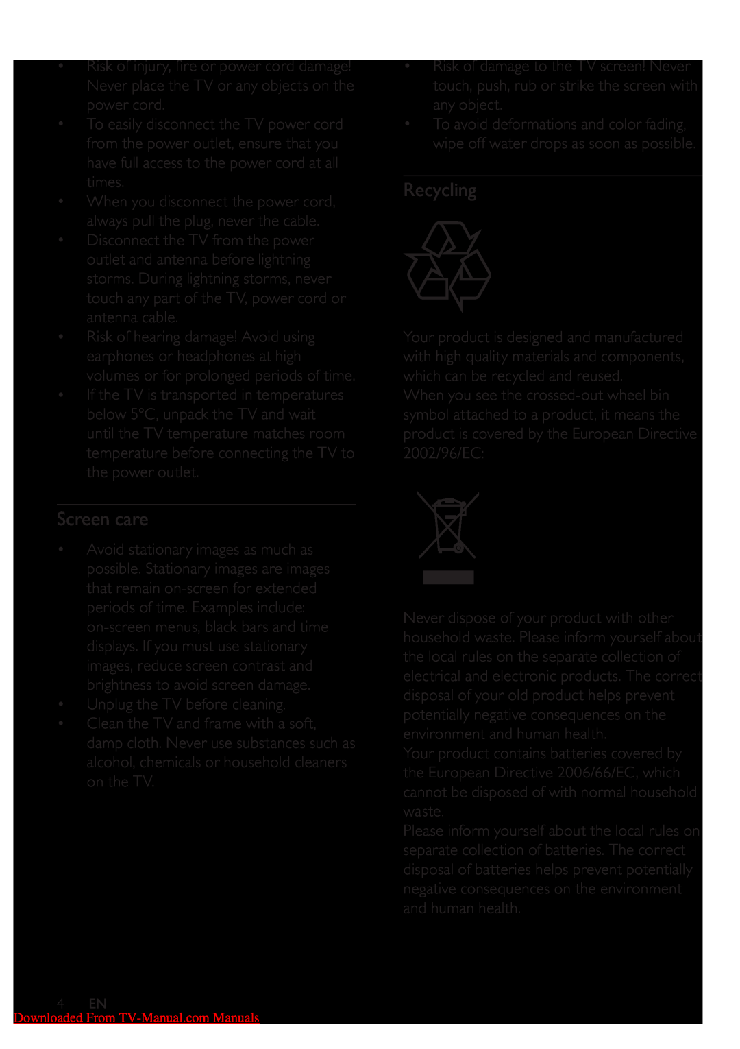 Philips 32PFL5604/77, 42PFL5604/78, 42PFL5604/77, 32PFL5604/78 user manual Recycling, Screen care 