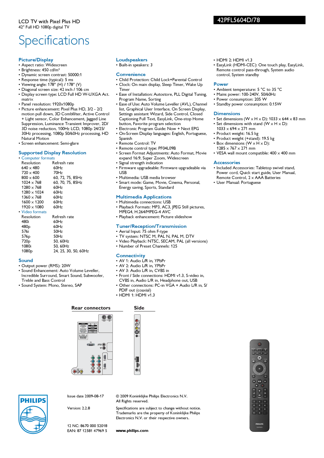 Philips 42PFL5604D Picture/Display Loudspeakers, Convenience, Power, Dimensions, Supported Display Resolution, Accessories 