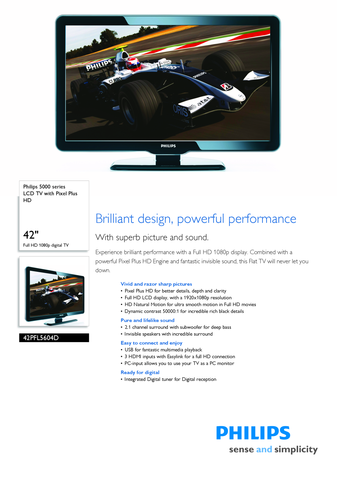 Philips 42PFL5604D manual Brilliant design, powerful performance, With superb picture and sound 